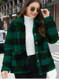 Women's Buffalo Plaid Fuzzy Jacket, Lapel Button Front Coat with Pockets - image 4