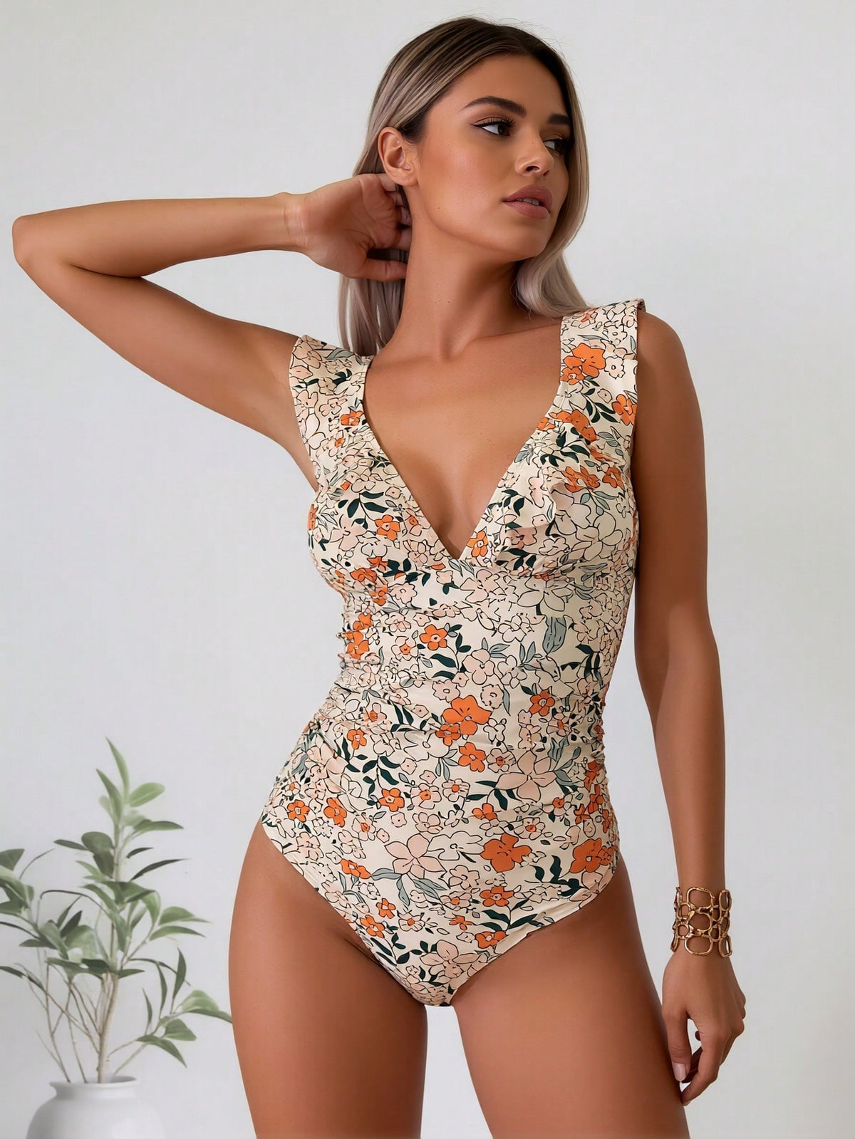 Ditsy Floral V-Neck Ruffle Shoulder Tummy Control One-Piece Swimsuit - image 2