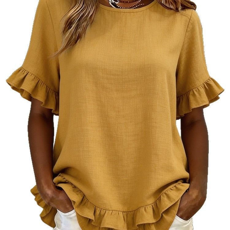Womens Round-Neck Loose Double-Layer Ruffle-Trim Top - image 5