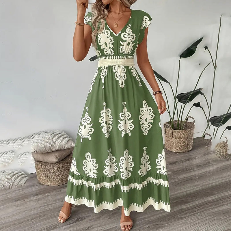 Women's Summer Flowy Maxi Dress Casual Cap Sleeve V Neck Smocked Waist Beach Sundress - image 2