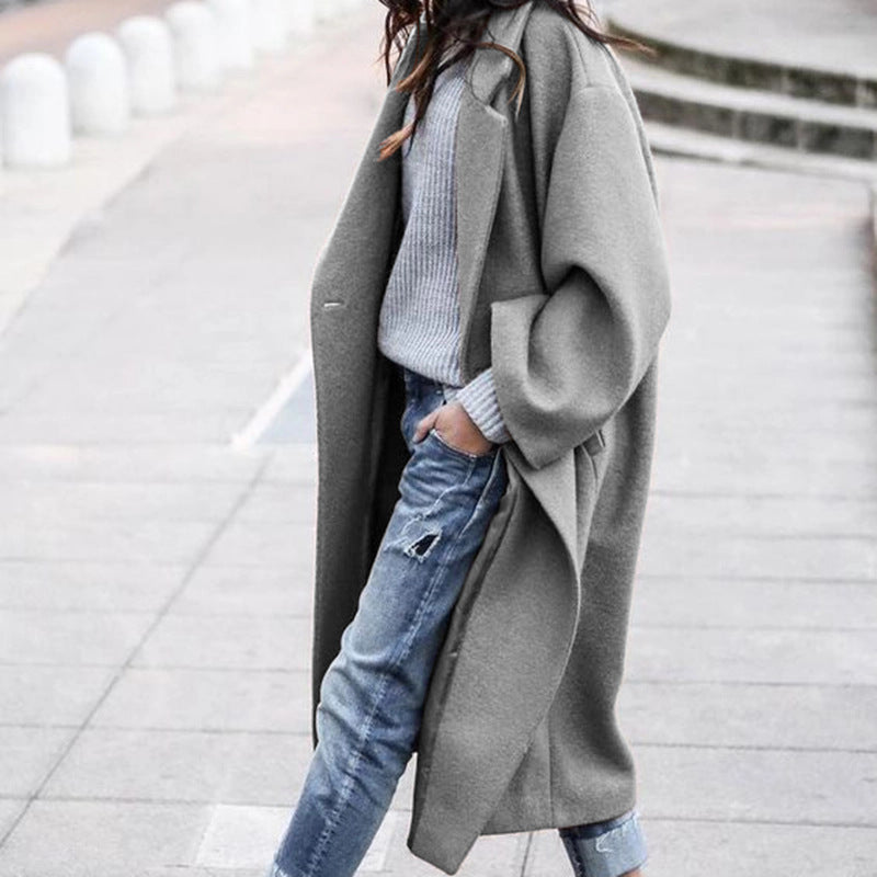 Women's Long Woolen Lapel Coat with Pockets, Khaki Single Breasted Winter Overcoat - image 6