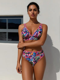 Vibrant Floral & Leaf Print Swimwear, Mid Waist Tummy Control Two-Piece Swimsuit - image 1