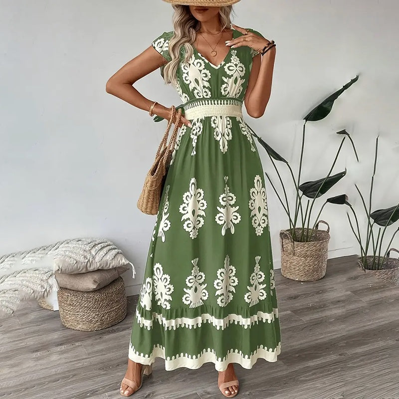 Women's Summer Flowy Maxi Dress Casual Cap Sleeve V Neck Smocked Waist Beach Sundress - image 3