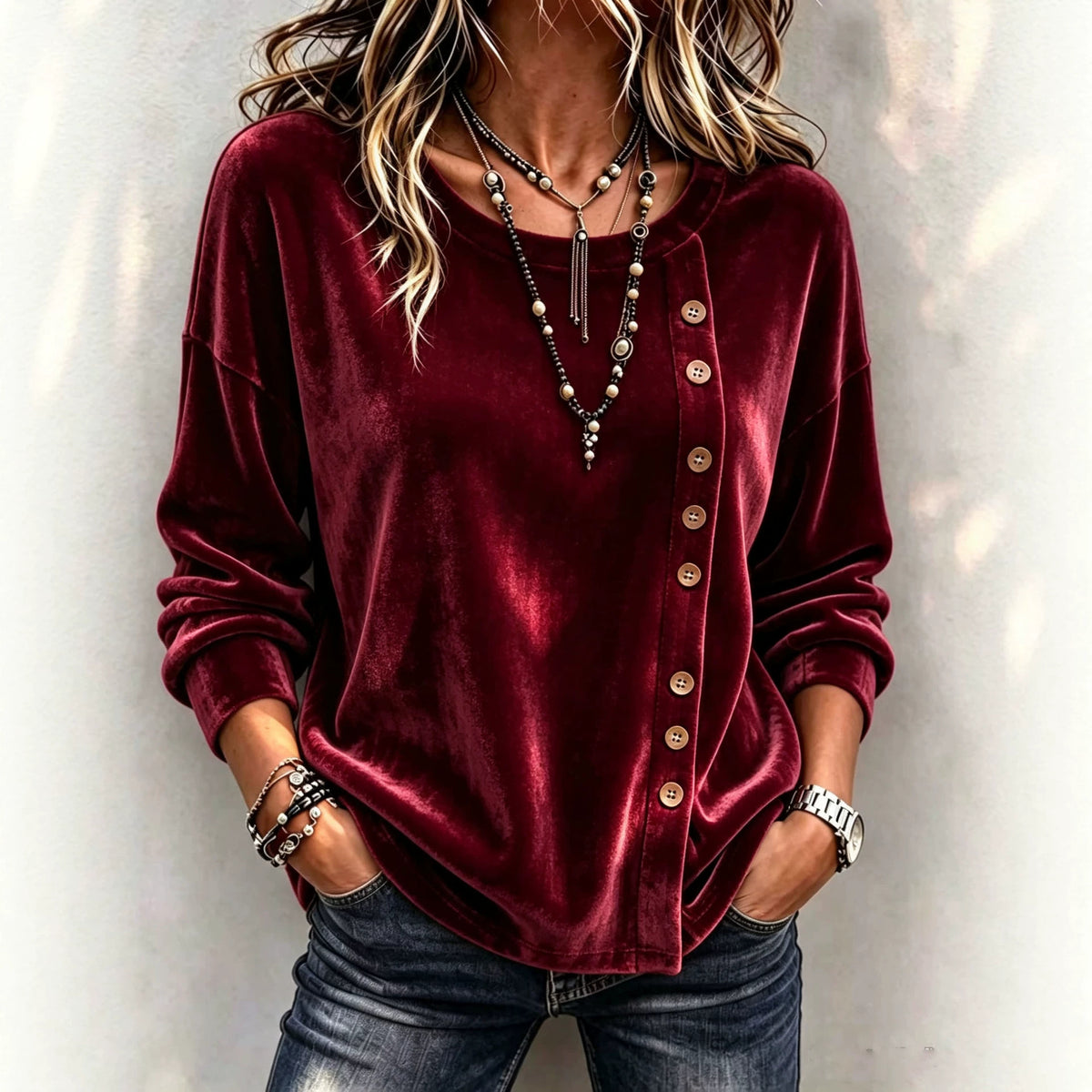 Velvet Asymmetric Button Long Sleeve Top - image 3