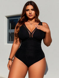 Plus Size Black Ribbed Sheer Mesh V-Neck Ruched One-Piece Swimsuit - image 2