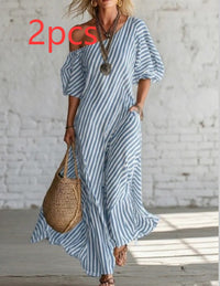 Women's Striped Off Shoulder Short Sleeve Maxi Dress - image 12
