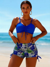 Royal Blue Drawstring Bikini Top & Tropical Leaf High Waist Shorts Set - image 1