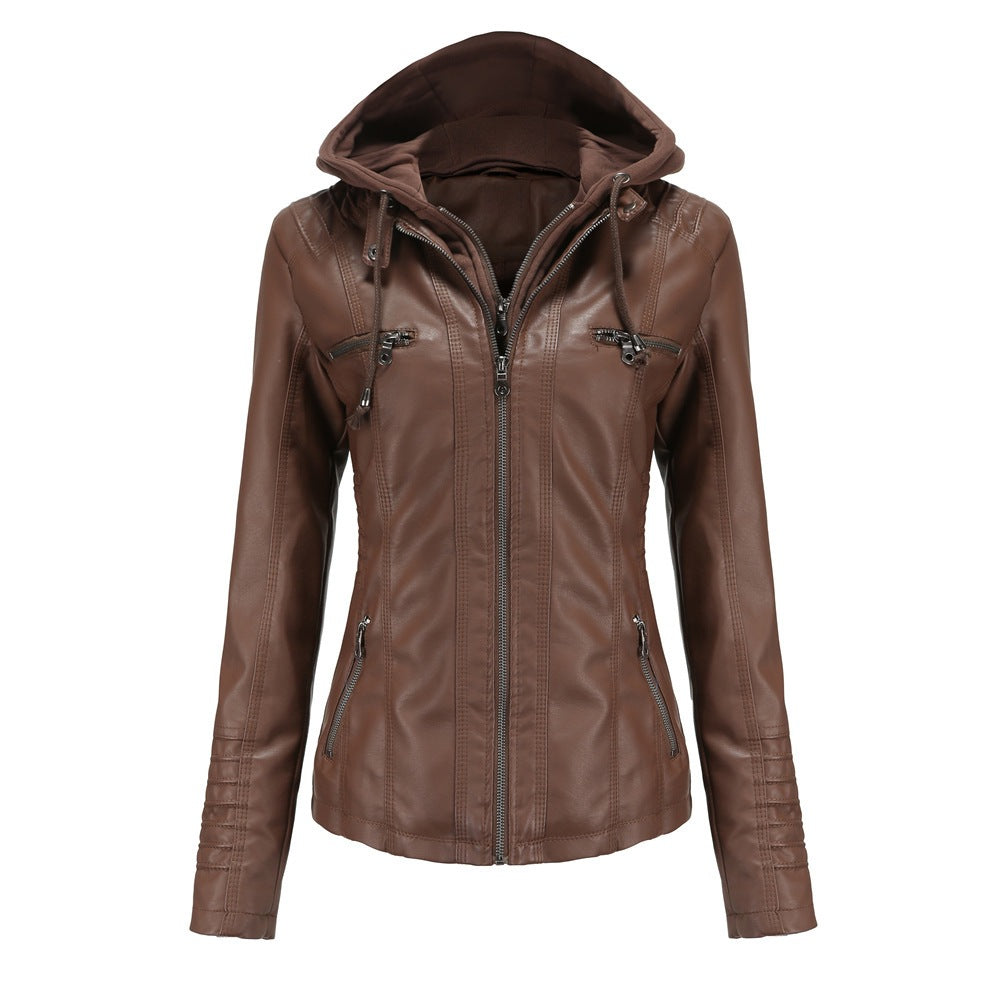 Women's Slim Fit Hooded Faux Leather Jacket