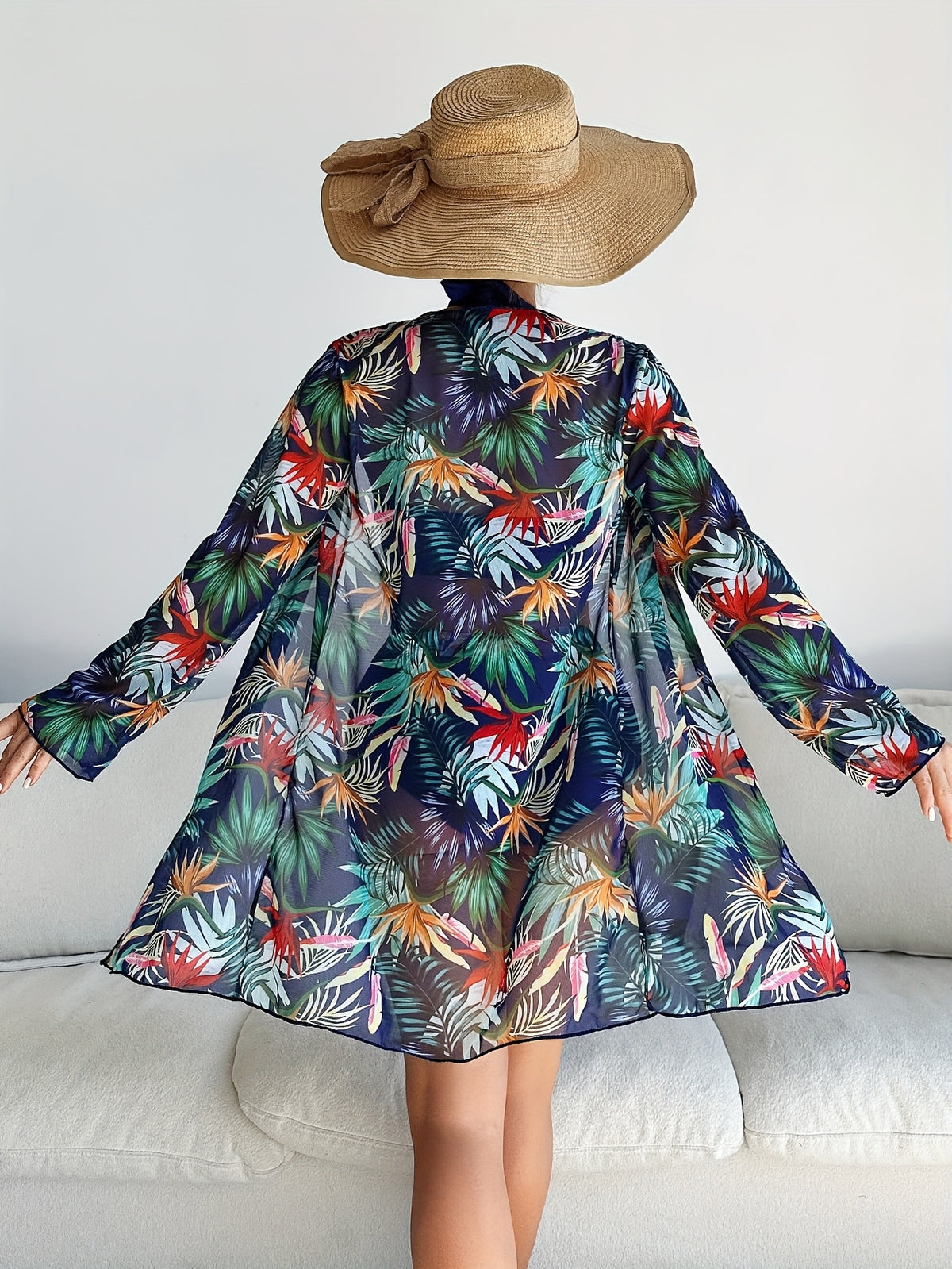 Women's Navy Contrast Leaf Print Swimwear, Deep Halter Top High Cut Bottom Matching Beach Robe - image 4