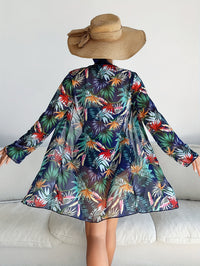 Women's Navy Contrast Leaf Print Swimwear, Deep Halter Top High Cut Bottom Matching Beach Robe - image 4