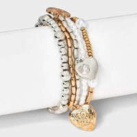 Heart Charm & Pearl Beaded Bracelet 5-Piece Set - Gold - image 1
