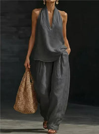 Conjunto de 2 piezas: top halter con escote en V y pantalón de pierna ancha - image 10