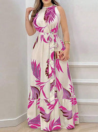 Women's Leaf Print Halter Neck Sleeveless Maxi Dress with Tie Waist - image 6