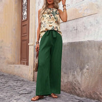 Women's 2 Piece Outfits Summer Casual Sleeveless Halter Neck Crop Tops Wide Leg Pants Set - image 9