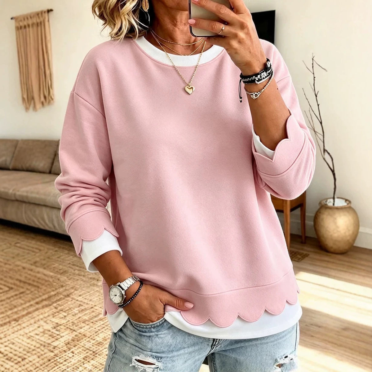 Loose Round Neck Top with Lace Trim - image 2