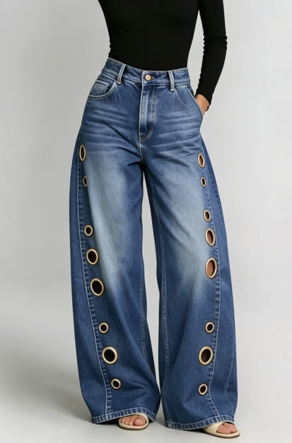 Women Wide Leg Jeans High Waist Blue Washed Grommet Baggy Denim Pants - image 5