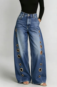 Women Wide Leg Jeans High Waist Blue Washed Grommet Baggy Denim Pants - image 5