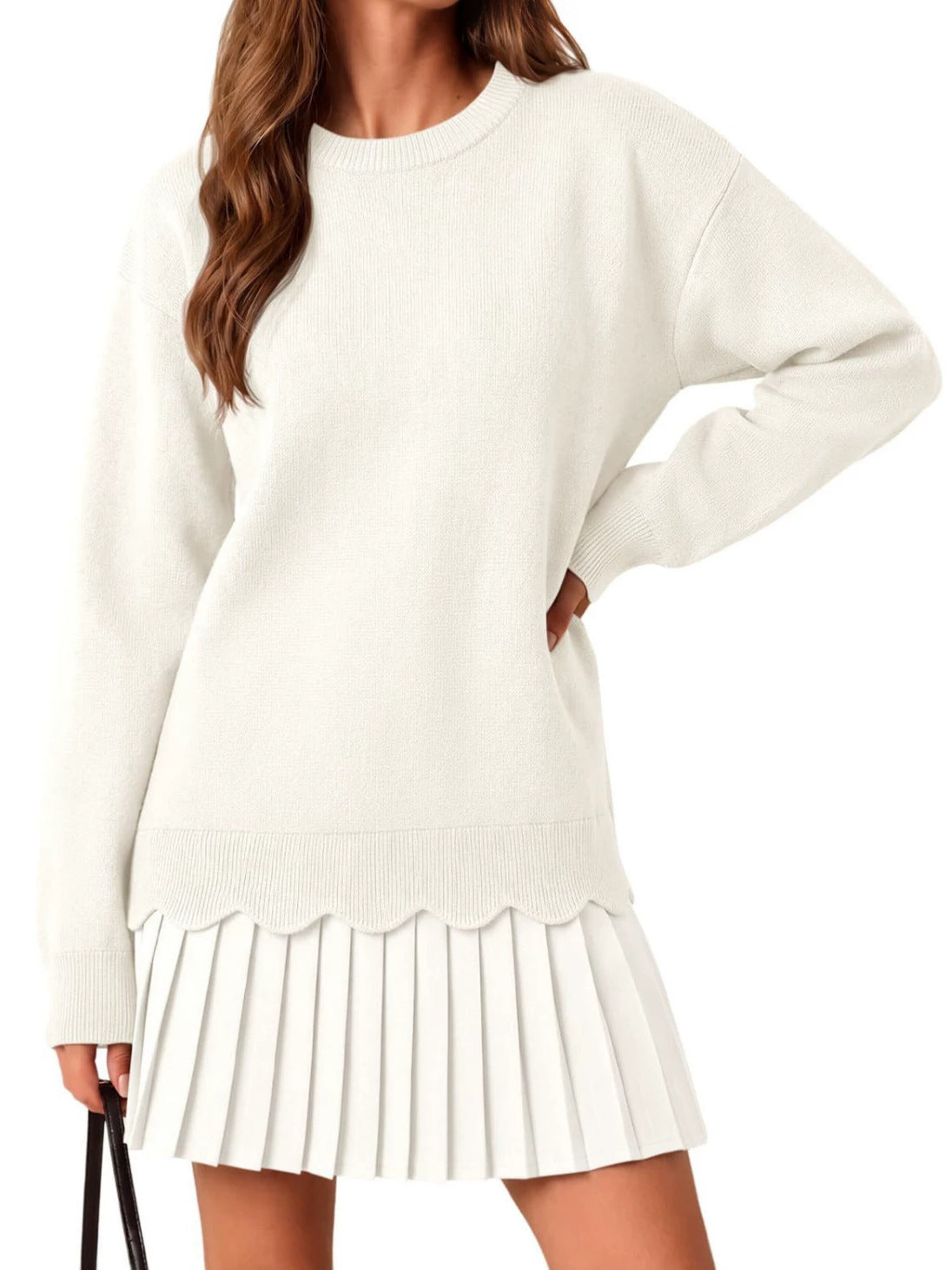 Scalloped Knit Sweater and Pleated Mini Skirt Set - image 5
