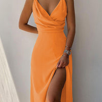 Women's Draped V-Neck Spaghetti Strap Slit Maxi Dress, Fitted Cami Dress - image 9