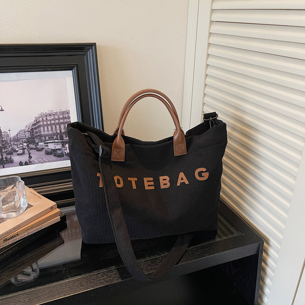 Corduroy Letter Print Tote Bag