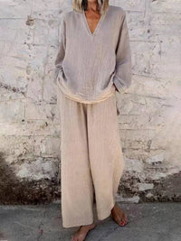 Women's Solid Color Casual V-neck Pullover Long Sleeve Trousers Suit - image 6