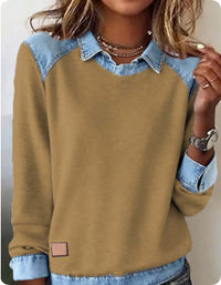 Denim Collar Long Sleeve Pullover Patchwork Knitwear Top - image 8