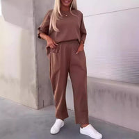 Two-piece Solid Color Round Neck Cropped Pants Set - image 3
