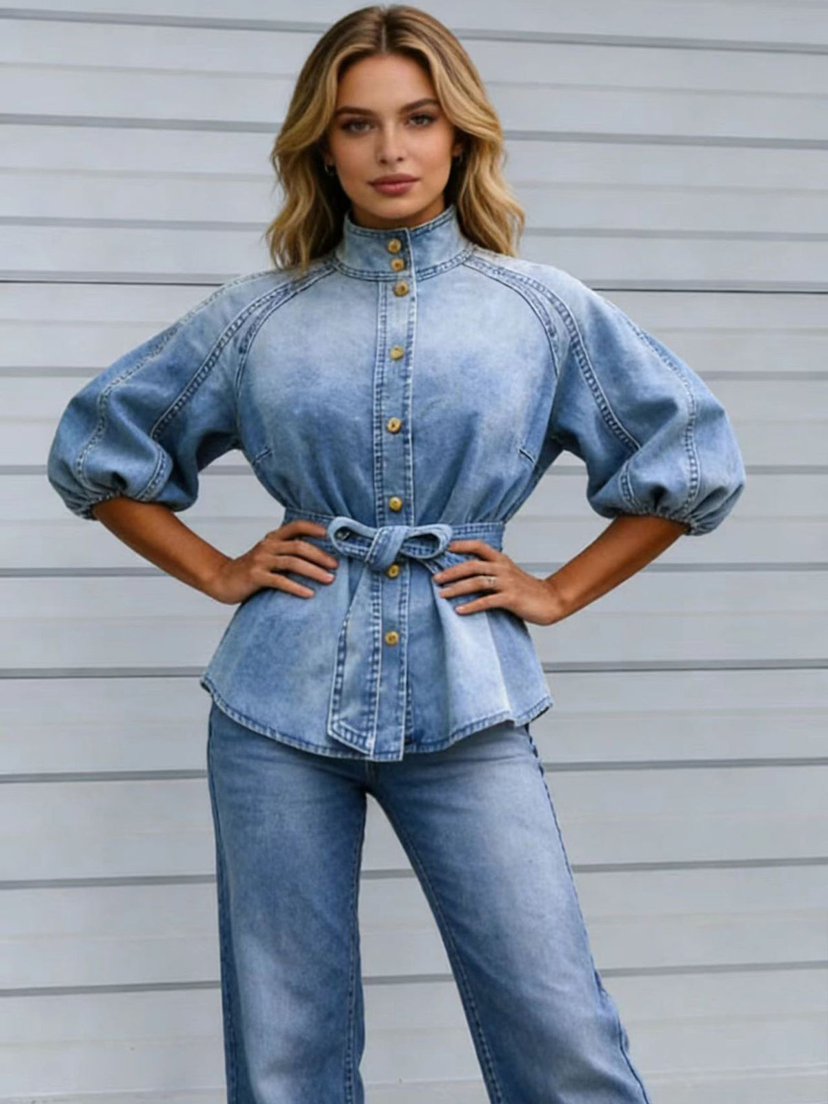 Women's Retro Washed Lantern Short-sleeved Stand Collar Single-breasted Shirt - image 2