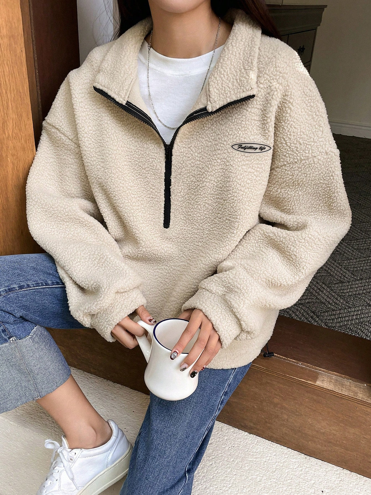 Patched Detail Drop Shoulder Half Zip Fleece Sweatshirt Long Sleeve Tops - image 5