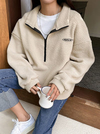 Patched Detail Drop Shoulder Half Zip Fleece Sweatshirt Long Sleeve Tops - image 5