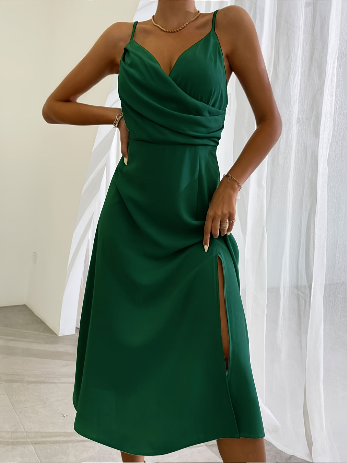 Women's Draped V-Neck Spaghetti Strap Slit Maxi Dress, Fitted Cami Dress - image 12