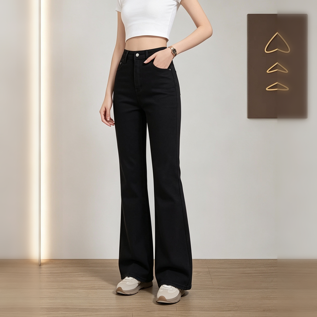 Jeans acampanados negros de tiro alto con forro polar - image 5