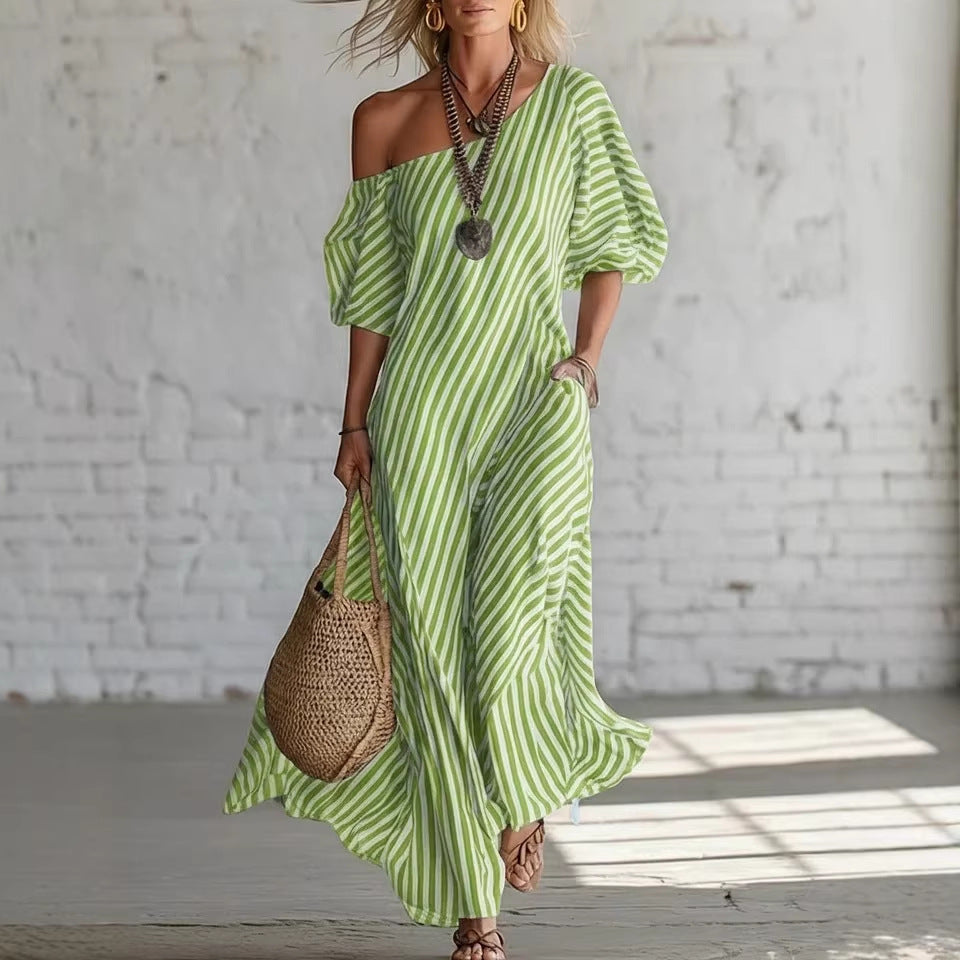 Women's Striped Off Shoulder Short Sleeve Maxi Dress - image 5