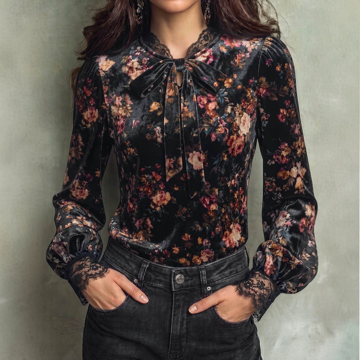 Vintage Bow Lace Trim Puff Sleeve Top - image 3