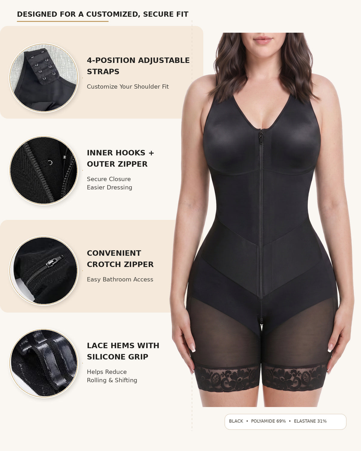 Women's Tummy Control Shapewear Bodysuit, Adjustable Straps, Hook And Zipper Front Closure - image 5