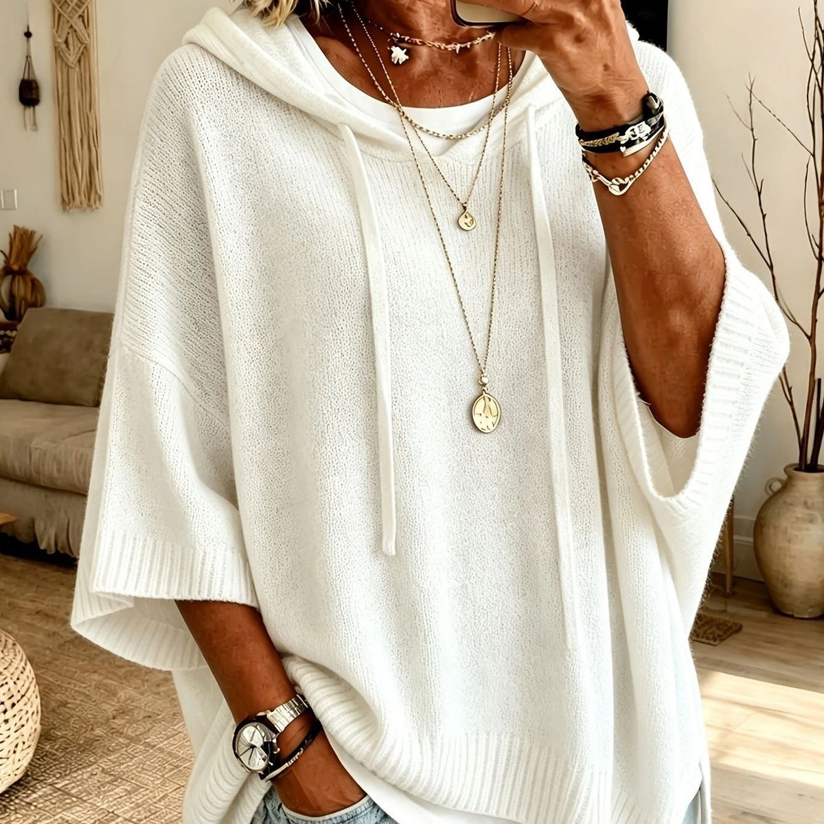 Loose Knit Hooded Pullover with Drawstring - image 11