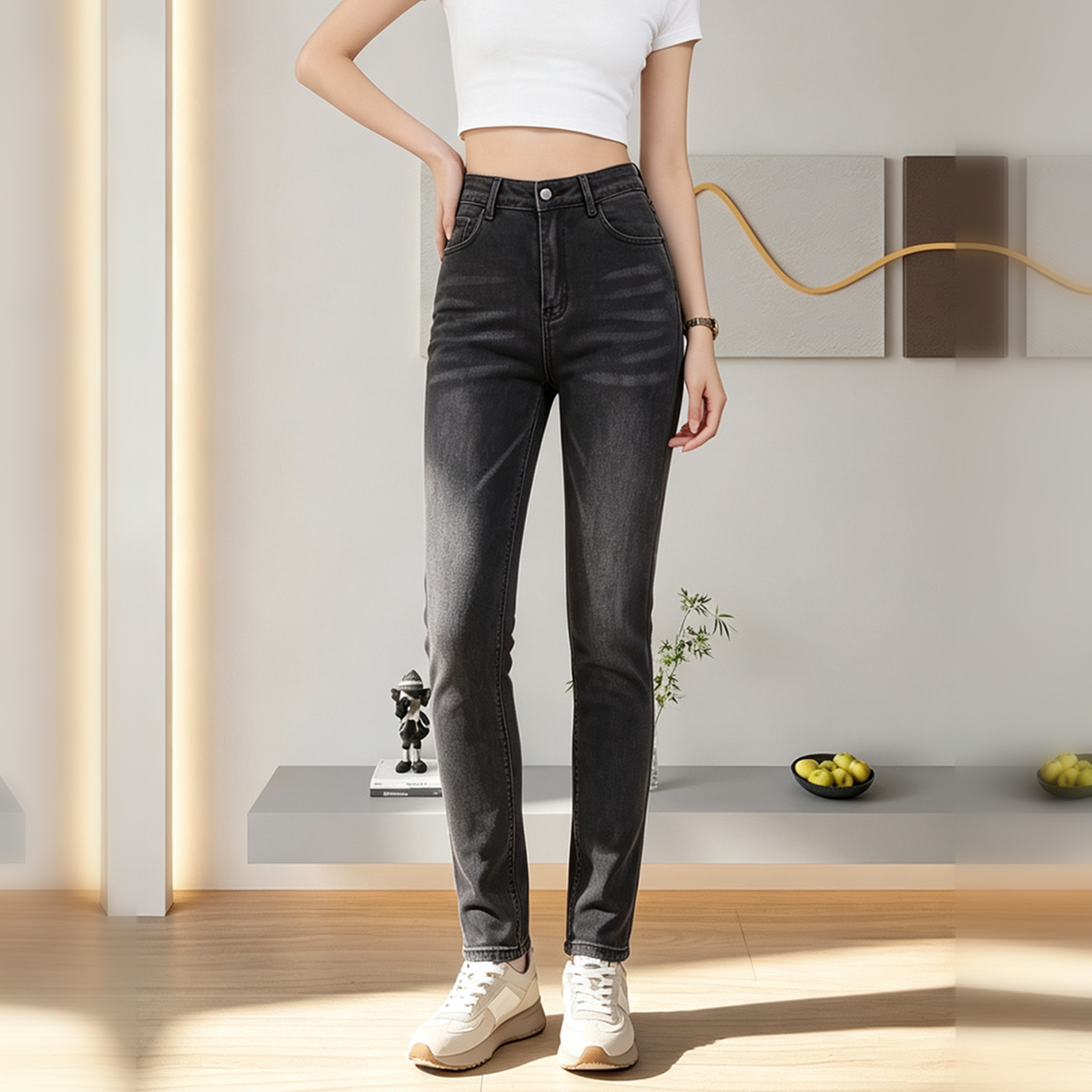 Jeans rectos negros degradados de tiro alto - image 4