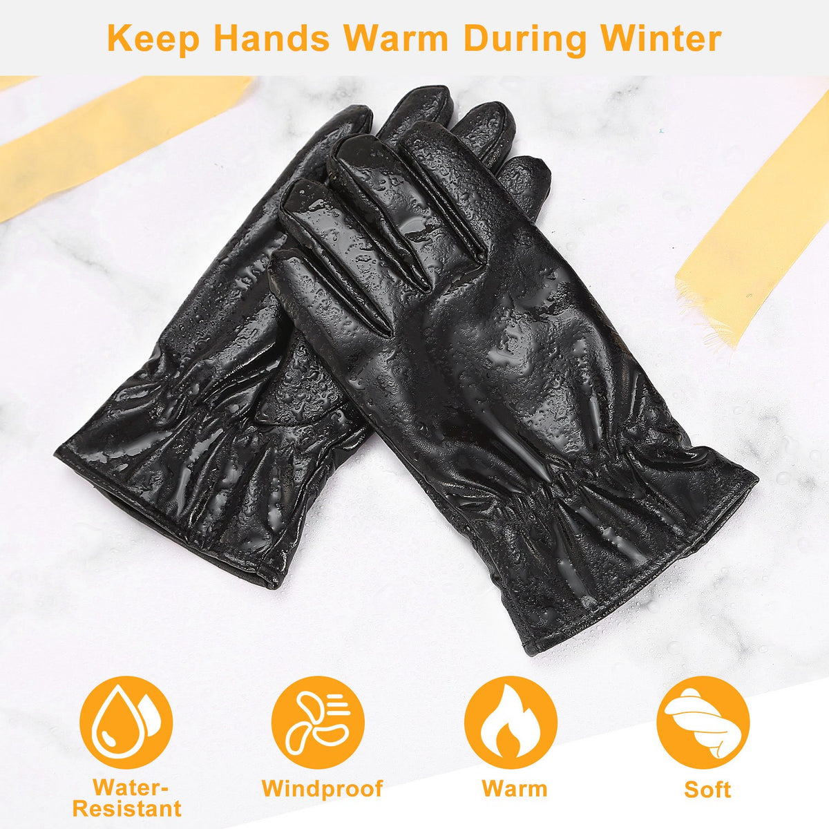 Guantes negros de cuero sintético forrados, cortavientos - image 2