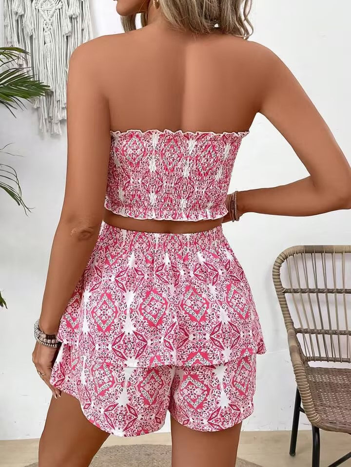 Women's 2 Piece Floral Print Smocked Tube Top and Ruffle Shorts Set - image 3
