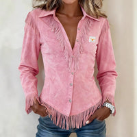 Western Cowboy-Style Suede Fringe Slim-Fit Long-Sleeve Shirt - image 1