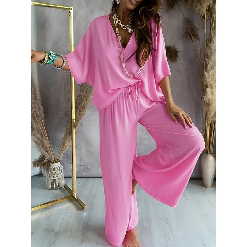 Women's 2 Piece Outfit, Casual Solid Color V-Neck Half Sleeve Top And Wide Leg Pants Lounge Set - image 3