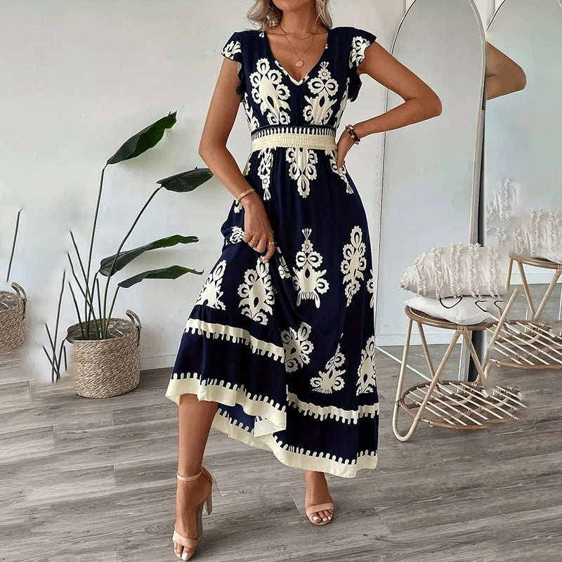 Women's Summer Flowy Maxi Dress Casual Cap Sleeve V Neck Smocked Waist Beach Sundress - image 9