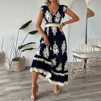 Women's Summer Flowy Maxi Dress Casual Cap Sleeve V Neck Smocked Waist Beach Sundress - image 9