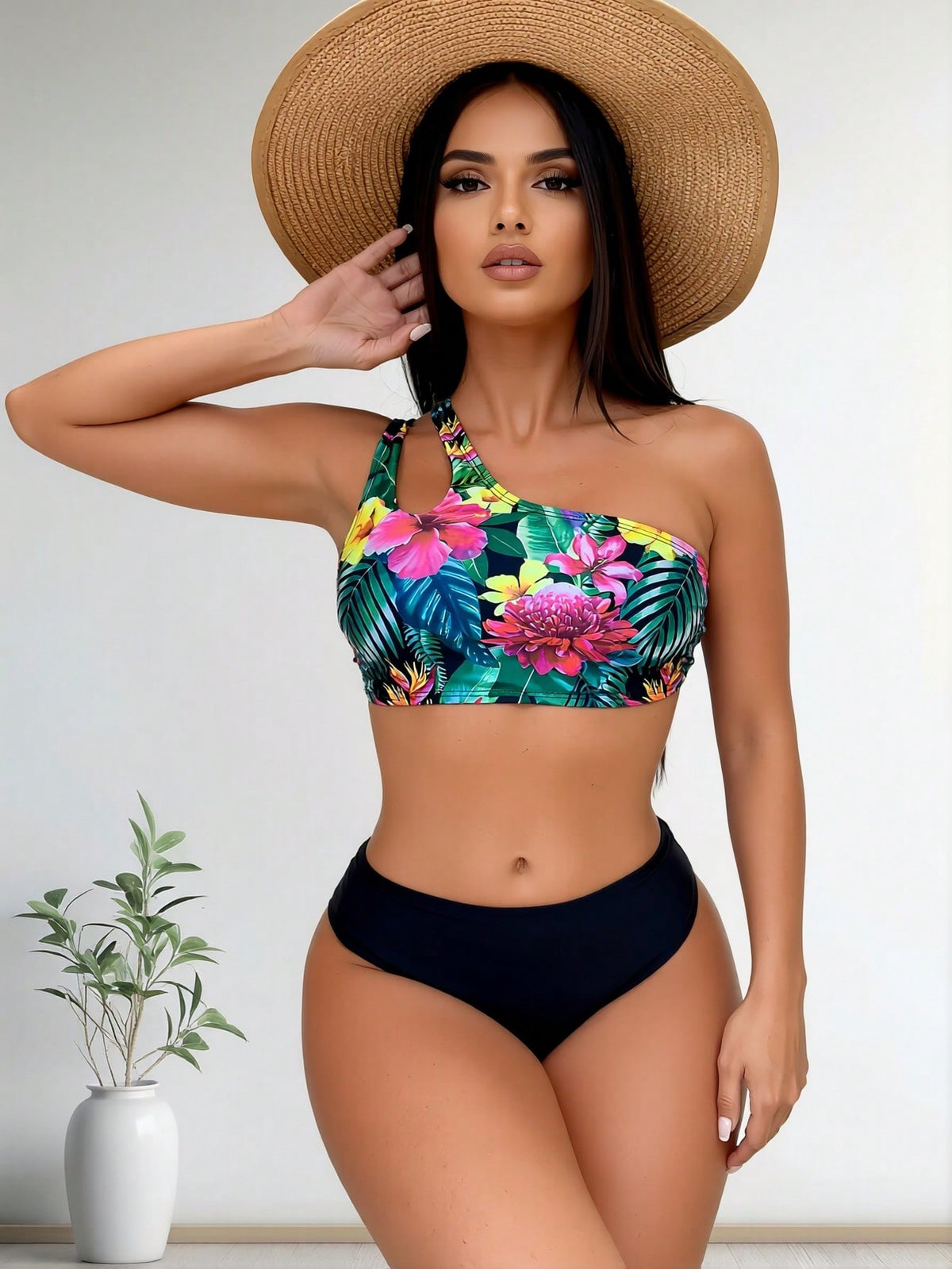Tropical Floral Print One Shoulder Bikini Set, Cutout Top With Solid High Waist Bottom - image 2