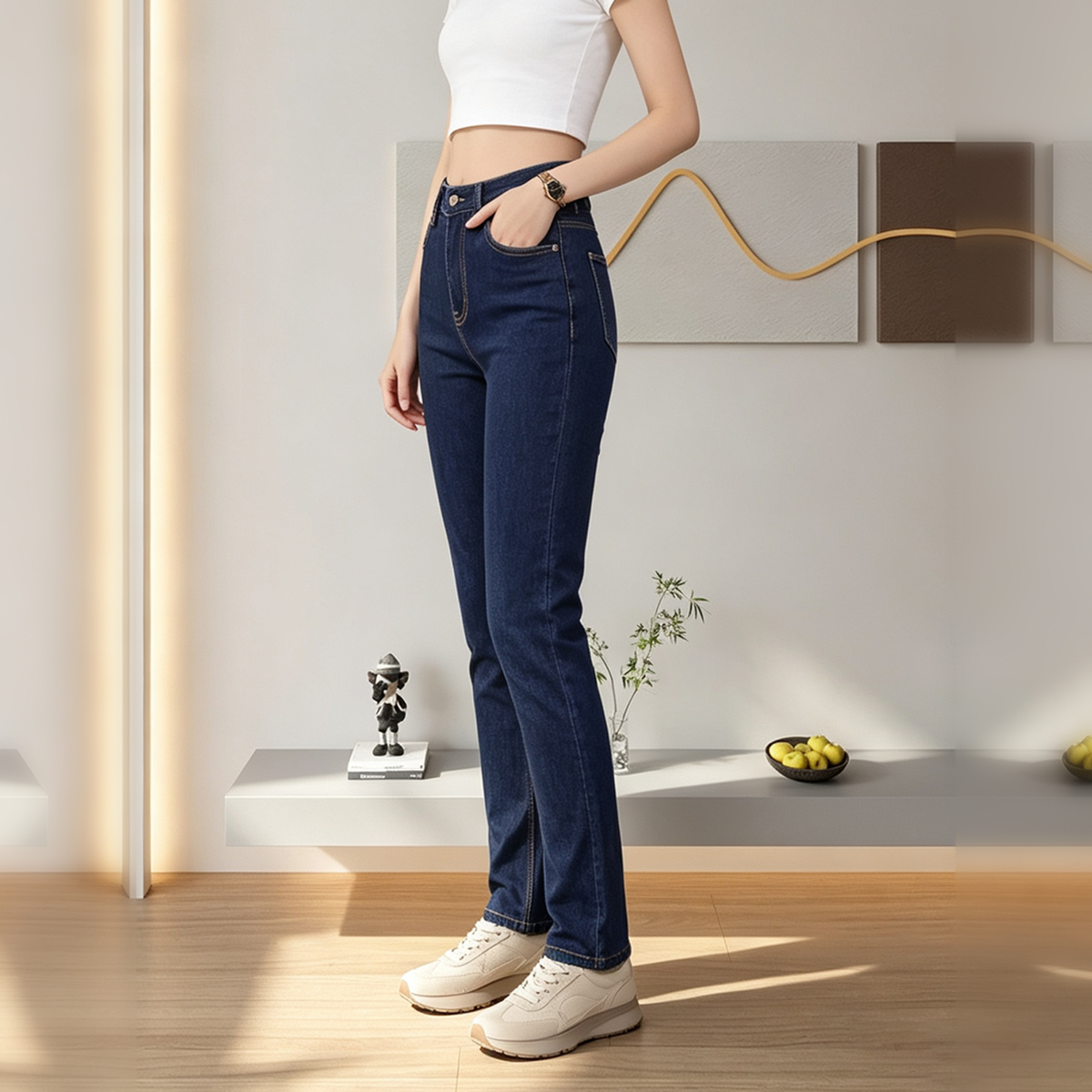 High-Waist Dark Blue Straight Leg Jeans - image 4