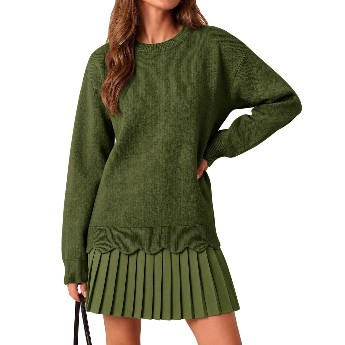 Scalloped Knit Sweater and Pleated Mini Skirt Set - image 9