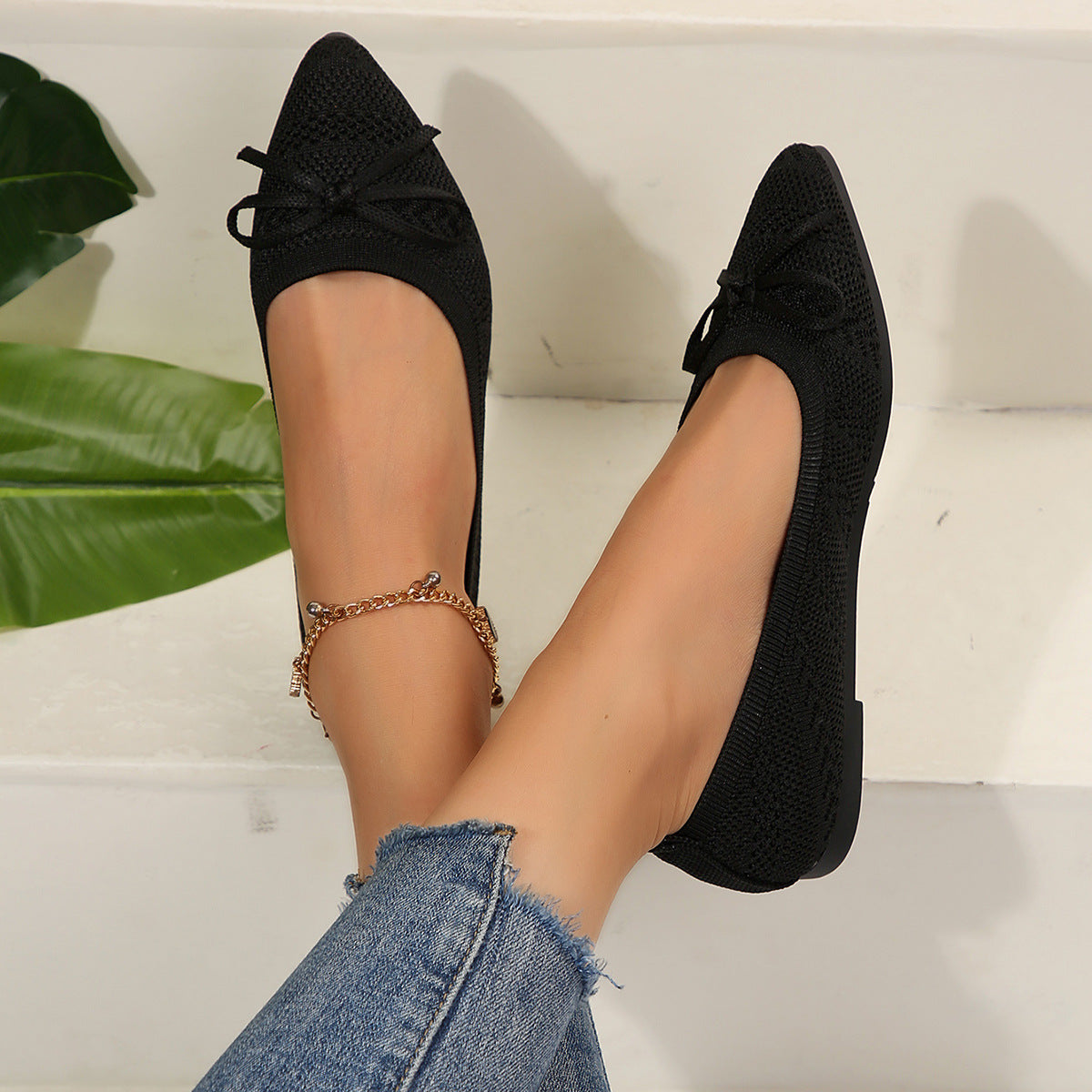 Women's Bow Knit Pointed Toe Flats - image 4