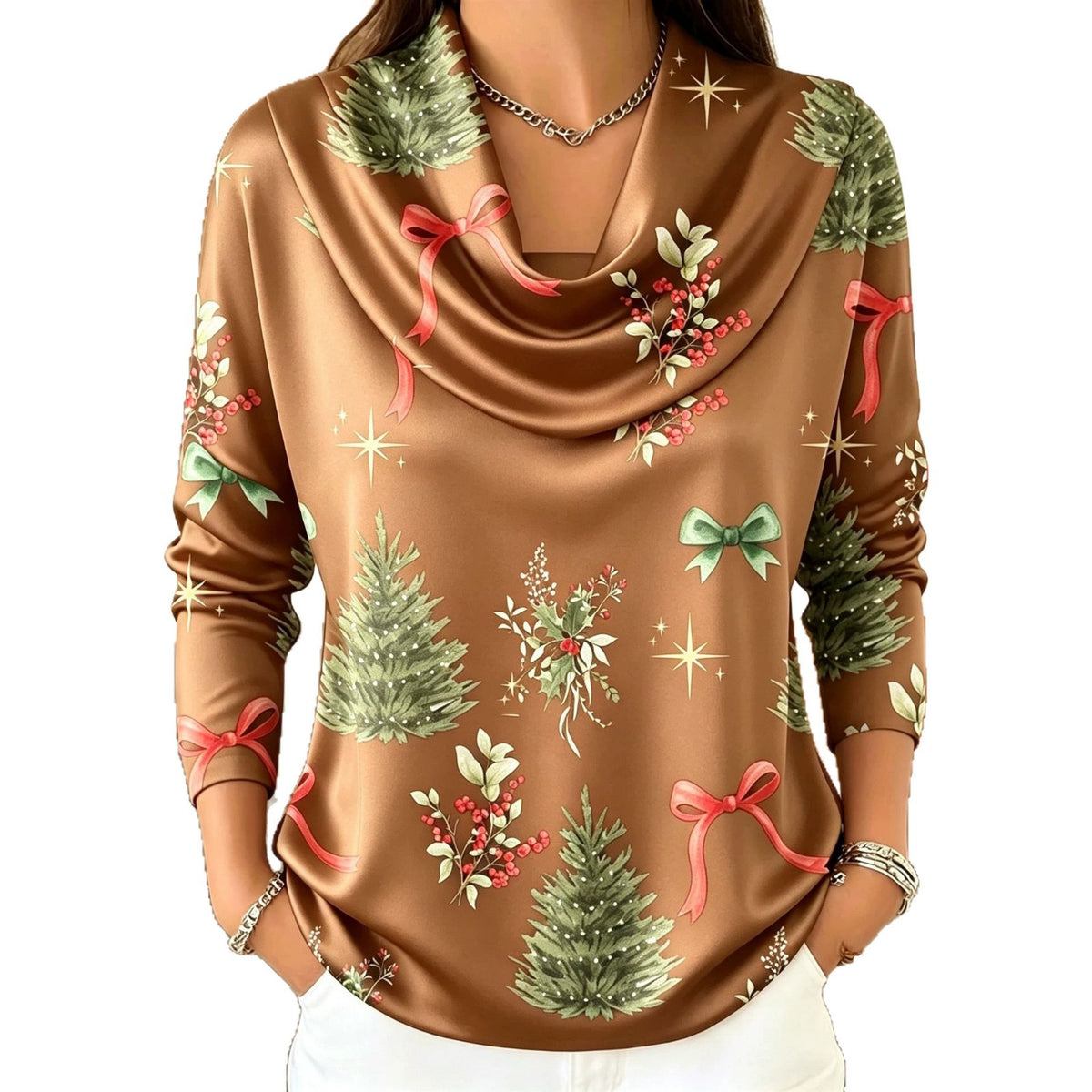 Christmas Tree Print Turtleneck Long Sleeve Top - image 5