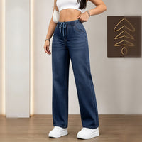 Jeans de pierna ancha con cintura elástica y cordón, lavado oscuro - image 4