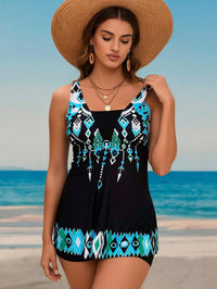 Ethnic Geometric Print Swimdress, V-Neck Sleeveless & Built-in Shorts, Tummy Control Modest Swimwear - image 3